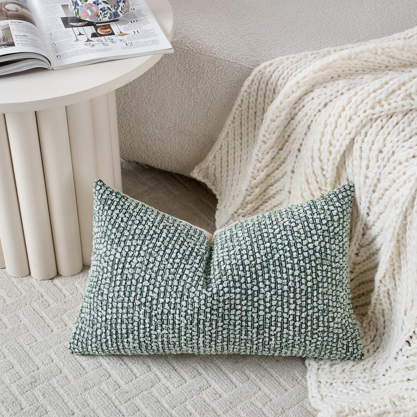 DEZENE Striped Throw Pillow Covers 12x20 Set of 2 Green Textured Polyester Chic Morden Boho Accent Farmhouse Rectangular Lumbar Decorative Couch Pillow Covers for Home Decor Bed Sofa Living Room