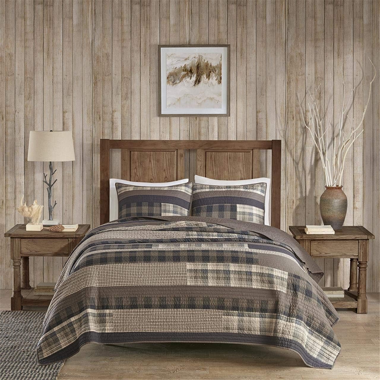 Woolrich Reversible Quilt Set - Cottage Styling Reversed to Solid Color, All Season Lightweight Coverlet, Cozy Bedding Layer, Matching Shams, Oversized King/Cal King, Winter Plains Stripes Taupe