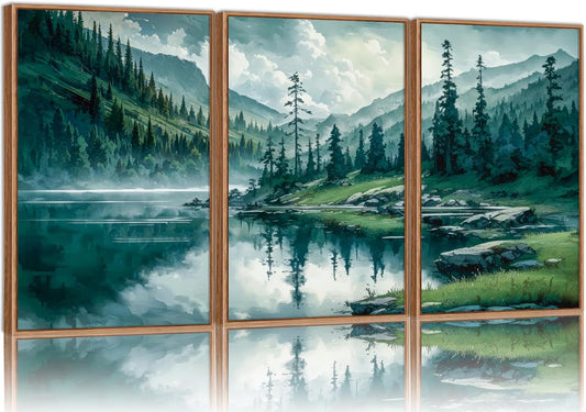 Tinonedraw Large Nature Forest Framed Canvas Wall Art Set, Boho Mountains Calming Lake Wall Decor, Green Pine Trees Artwork, Northern Wilderness Art Painting for Living Room Bedroom Office 16"x24"x3