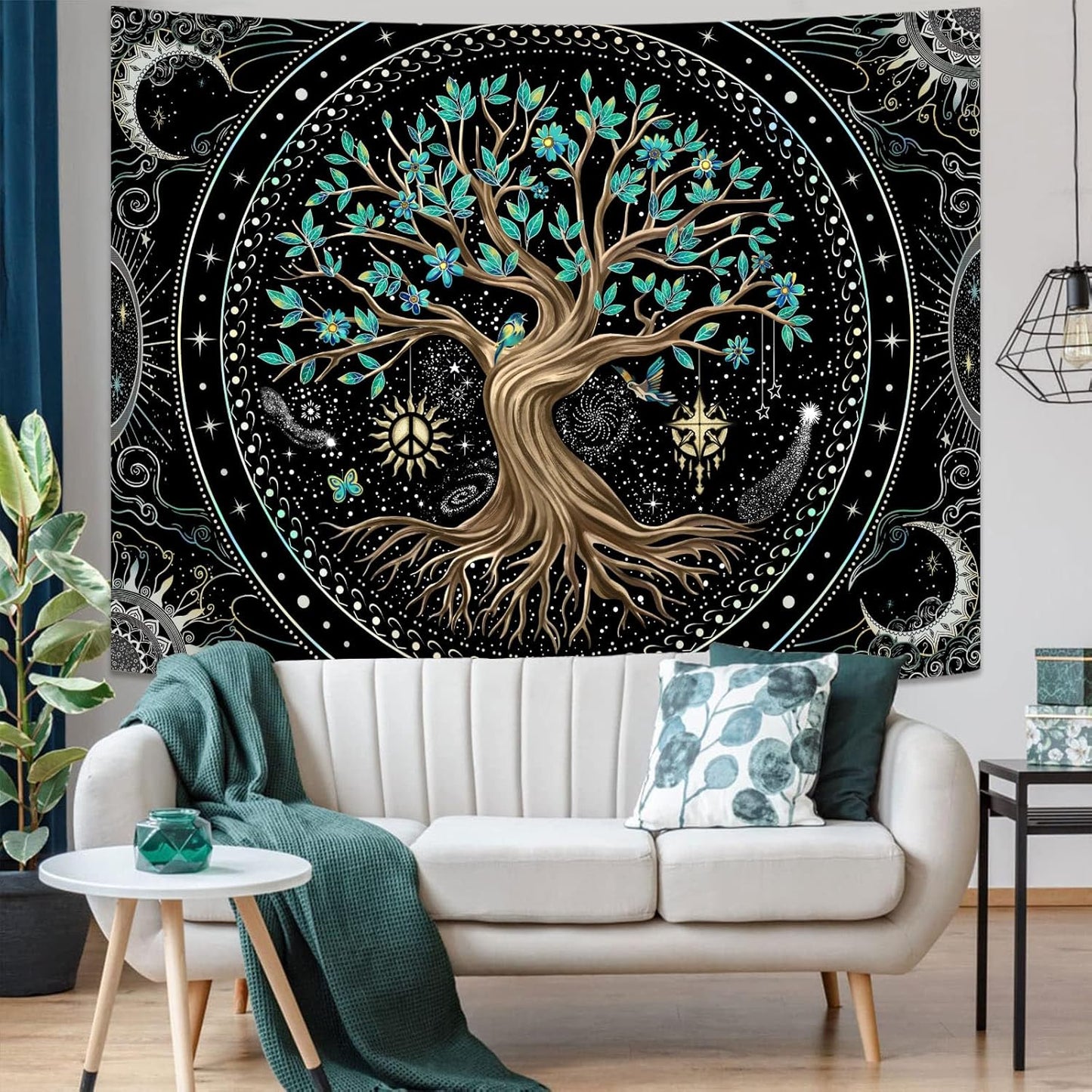 Lunerfex Tree of Life Tapastry Butterfly Moon Tapastry Flower Green Tree Tapestries Mandala Wall Hanging for Bedroom and Living Room Decor 60×80 Inches