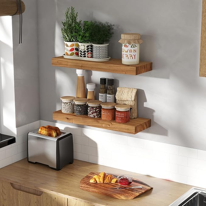 Wood Floating Shelves for Wall, 24" Floating Shelves Wall Mounted, Rustic Old Elm Wood Shelf for Home Decor, Heavy-Duty Storage Shelves for Books, Bathroom, Kitchen, Natural Color, Set of 2