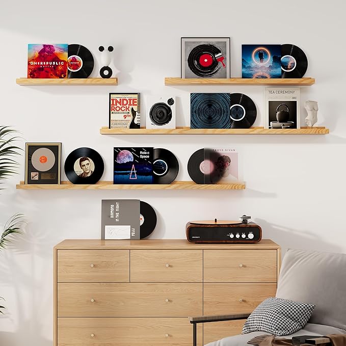 Floating Picture Ledge Shelves 48 Inch Solid Oak Wood Set of 2, Rustic Wall Storage Shelves with Lip, Kids Bookshelf, Photo & Picture Ledge Shelves for Bedroom, Living Room, Kitchen