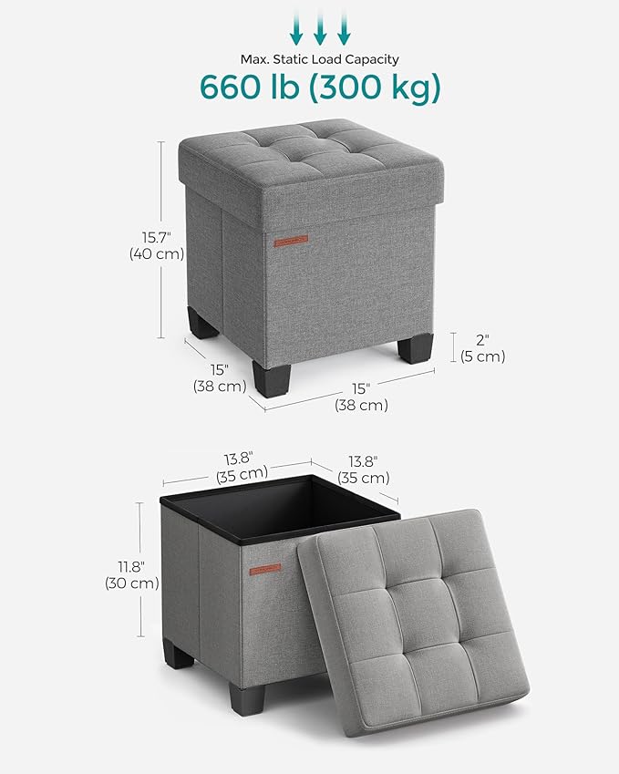 SONGMICS Storage Ottoman, Small Ottoman Foot Rest with Legs, 15 x 15 x 15.7 Inches Foot Stool, Load up to 660 lb, for Living Room, Bedroom, Dorm, Dove Gray ULSF014G02