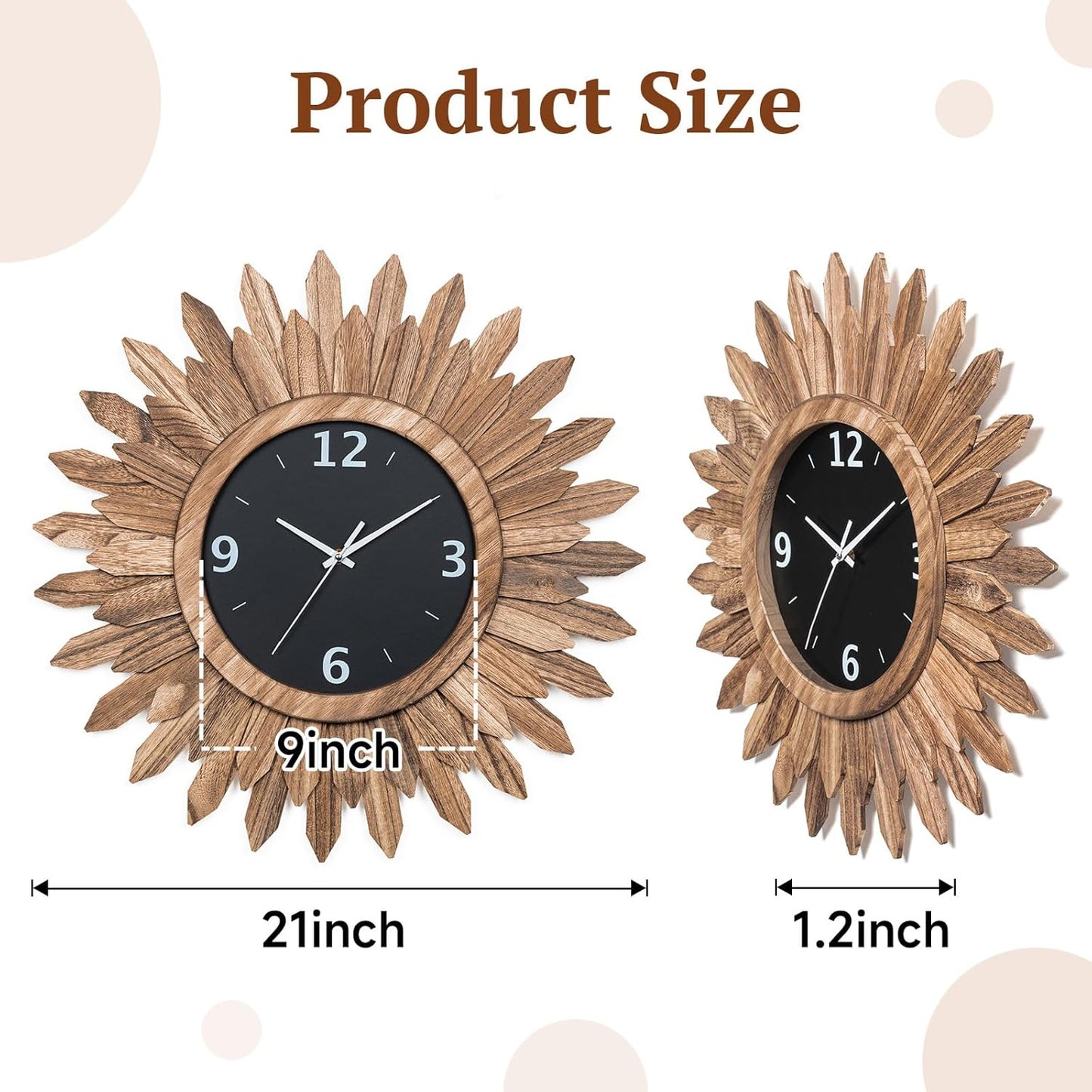 Honiway Large Wall Clock Battery Operated 21 in Rustic Wood Boho Sunburst Decorative Wall Clock Silent Non Ticking Farmhouse Wall Clocks for Living Room Bedroom Kitchen Bathroom Decor (Rustic Brown)