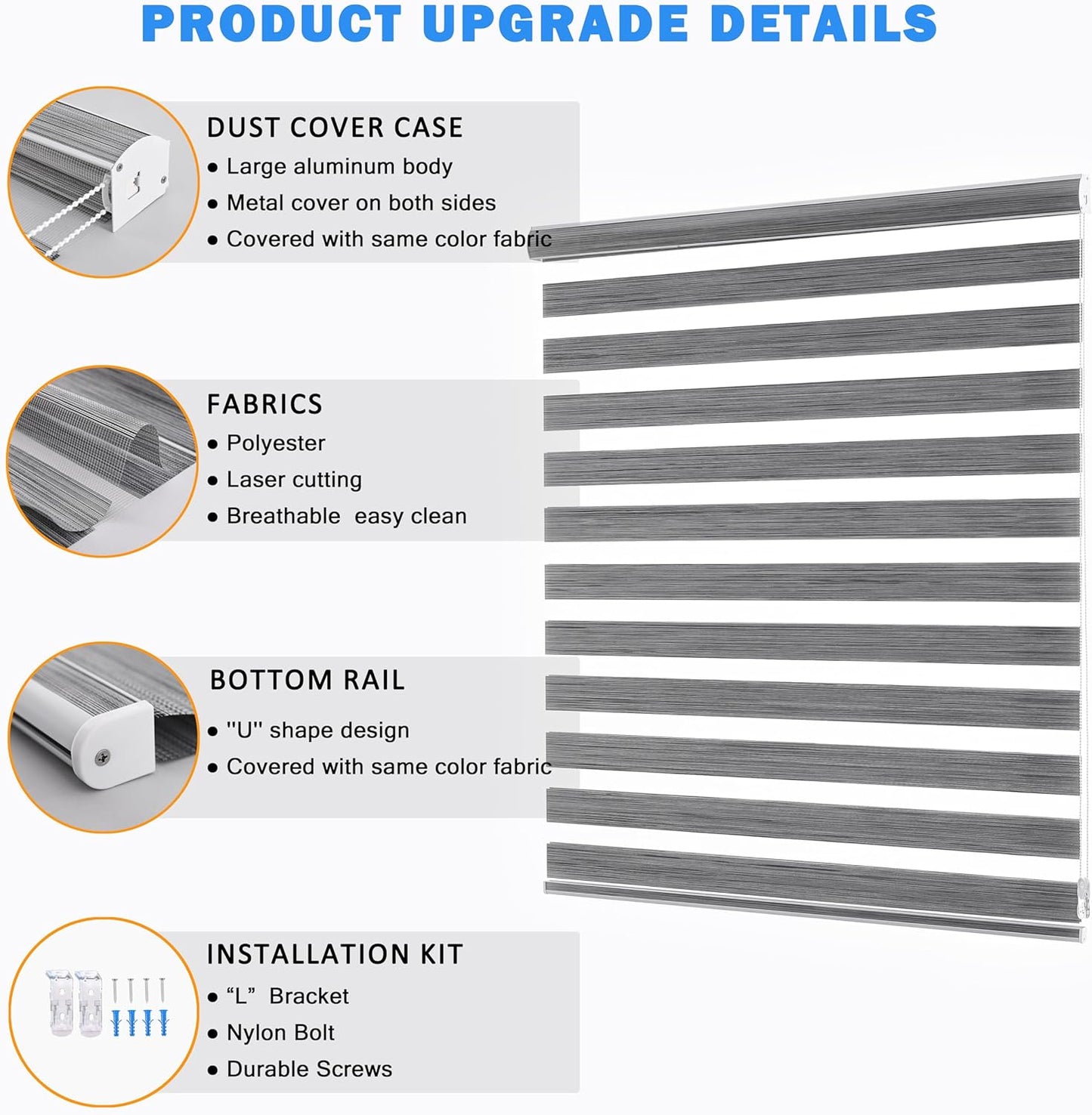 Blinds for Windows, Dual Layer Zebra Blinds & Light Filtering Roller Shades for Living Room and Basement, (Maximum Height 72inch, Grey, Width 20 inch)