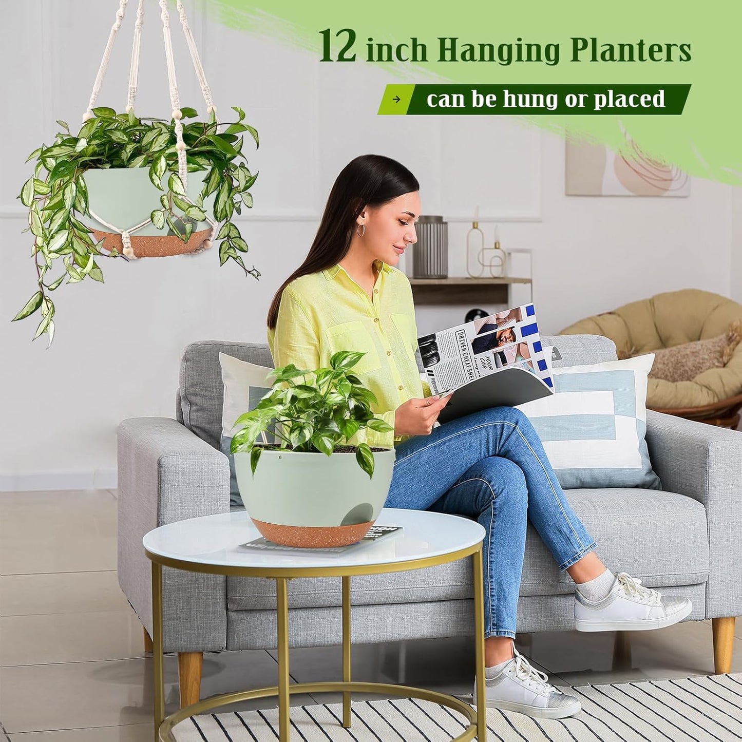 Hanging Planters for Outdoor Indoor Plants, 2 Pack 12 Inch Hanging Basket Plants Outdoor, Self Watering Hanging Planter with Plant Hanger for Garden Home Decoration (2 Type Plant Hangers Green)