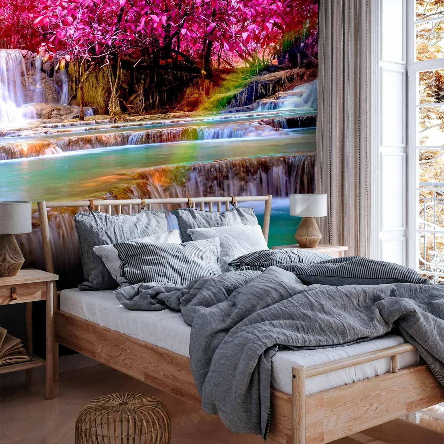 artgeist Premium Wall Mural Waterfall 216x98 in - Non-Woven Photo Wallpaper Art Print Fleece Wall Mural Decoration Poster Picture Design Nature Sun Pink Tree Forest c-B-0474-a-a
