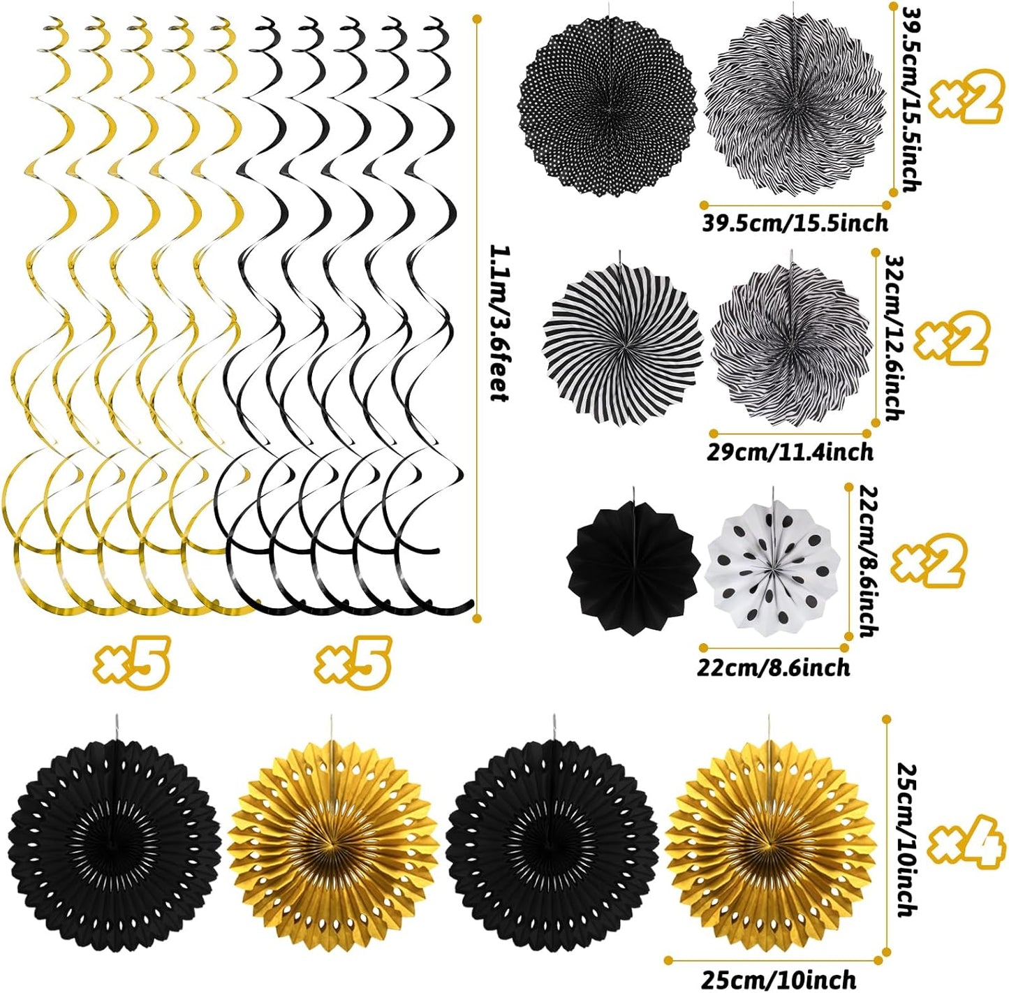 Black Gold Party Decorations, New Years Eve Party Supplies Easy Assembly Paper Fan Honeycomb Ball Garland Hanging Swirl for Graduation Congrats Grad Birthday Happy New Year Party