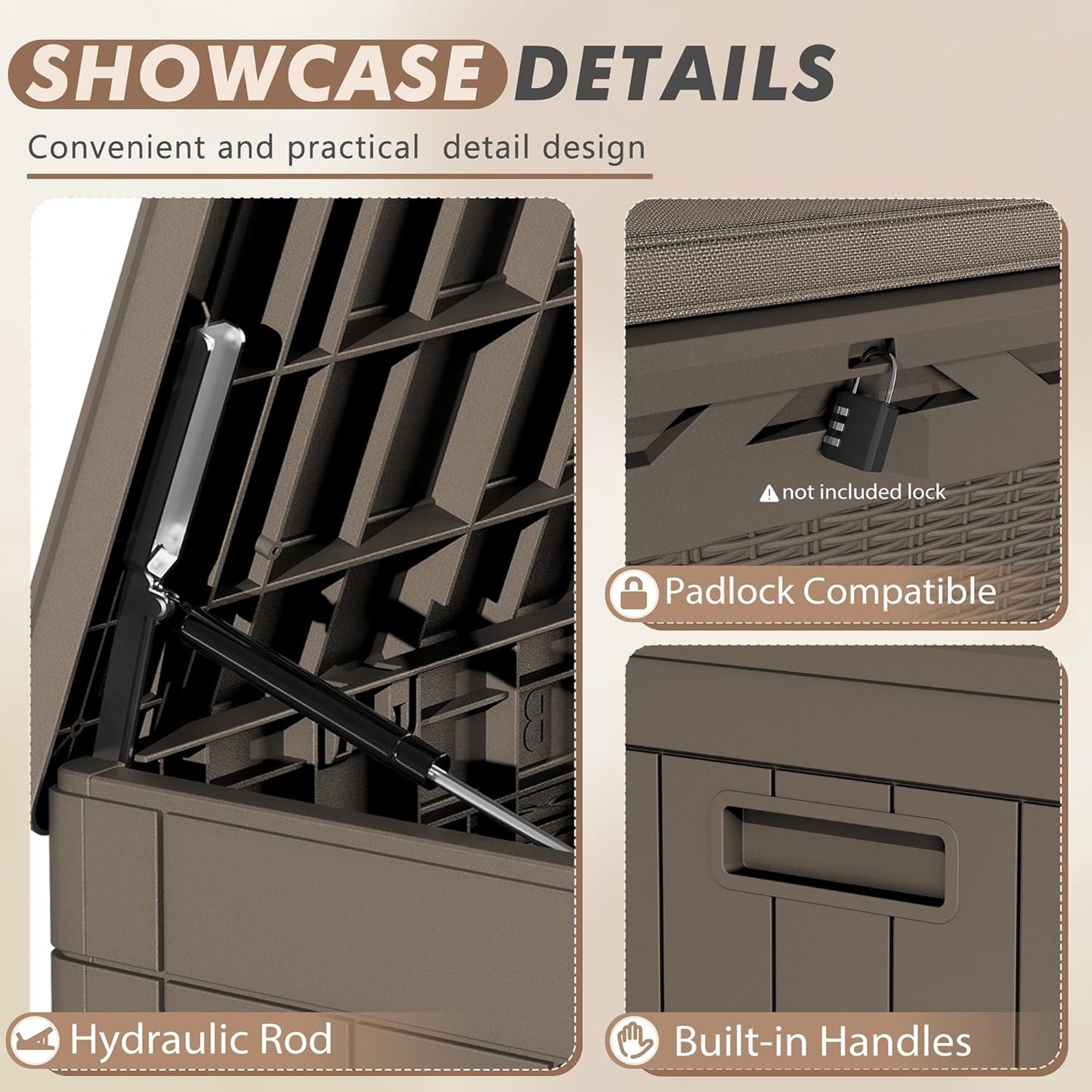 Devoko 100 Gallon Deck Box, Waterproof Resin Outdoor Storage Box with Cushion for Outside, Large Outdoor Storage Bench Cabinet Lockable for Patio Furniture and Garden Tools (Brown)