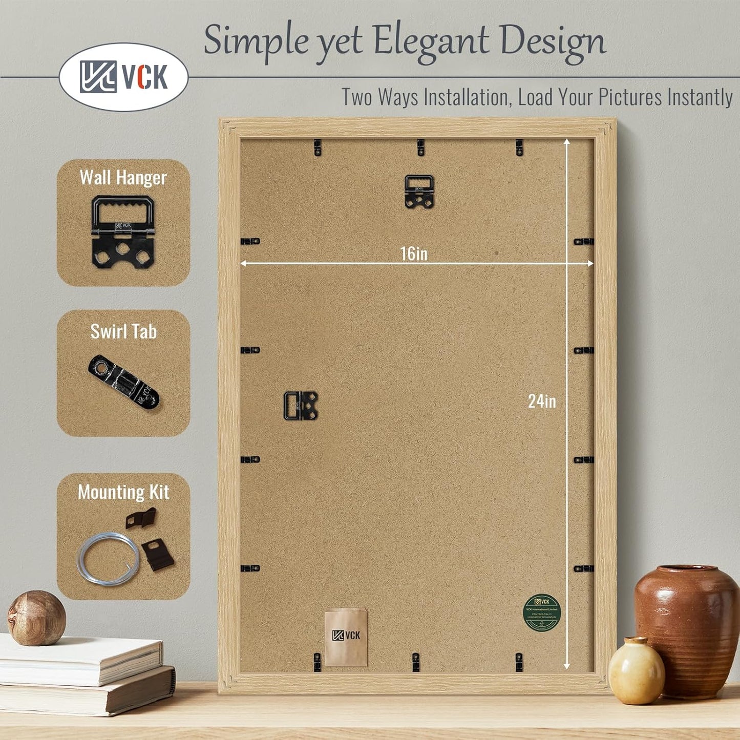 VCK 16x24 Oak Wood Frame for Poster & Picture, Natural Solid Wood Photo Frames 3 Pack, Wall Gallery Frame