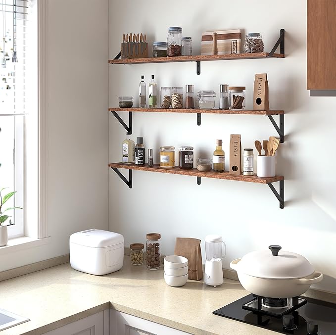 Heimlove Floating Shelves for Wall, 36 Inch Long Wood Floating Bookshelf Set of 3, Wall Mounted Hanging Shelf for Bathroom Bedroom Kitchen, Rustic Brown