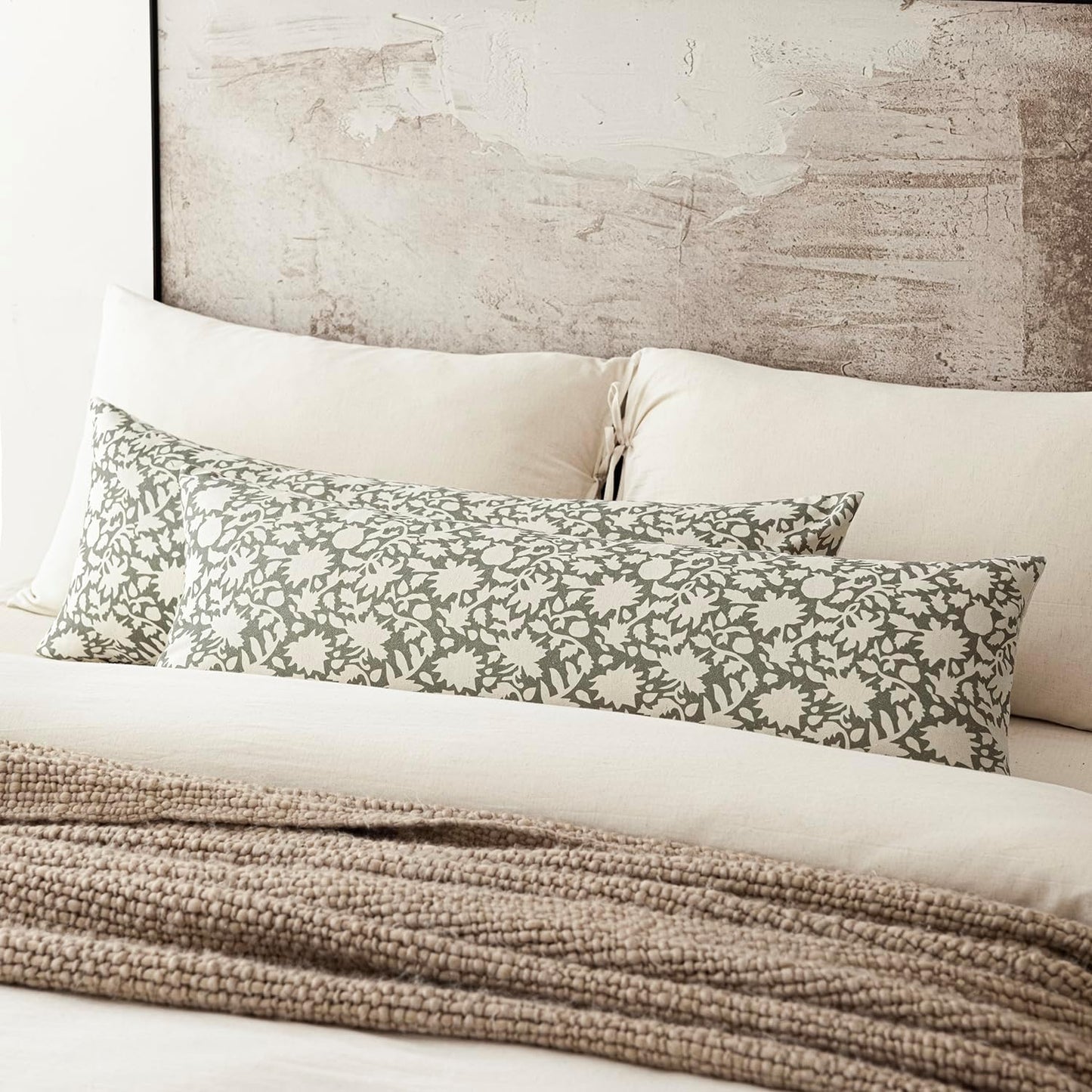 Foindtower Set of 2 Decorative Floral Long Body Lumbar Throw Pillow Covers Accent Farmhouse Cushion Cover Neutral Pillowcase For Couch Sofa Bedroom Living Room Home Decor Outdoor,14×36 Inch,Sage Green