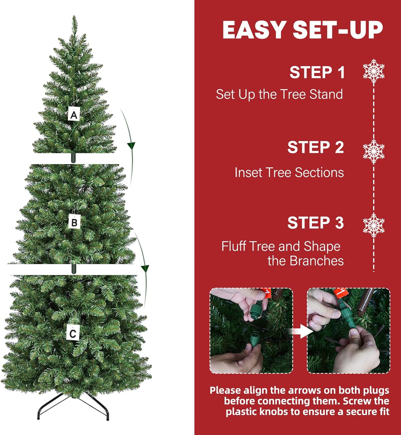 Hykolity 7.5 ft Prelit Pencil Slim Christmas Tree, 792 Branch Tips, 300 Color Changing LED Lights for Decoration, Metal Stand and Hinged Branches, 10 Color Modes