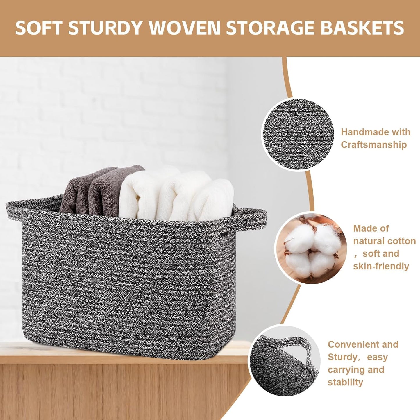 OIAHOMY Storage Basket, Woven Baskets for Storage, Cotton Rope Basket for toys,Towel Baskets for Bathroom - Pack of 3, Black