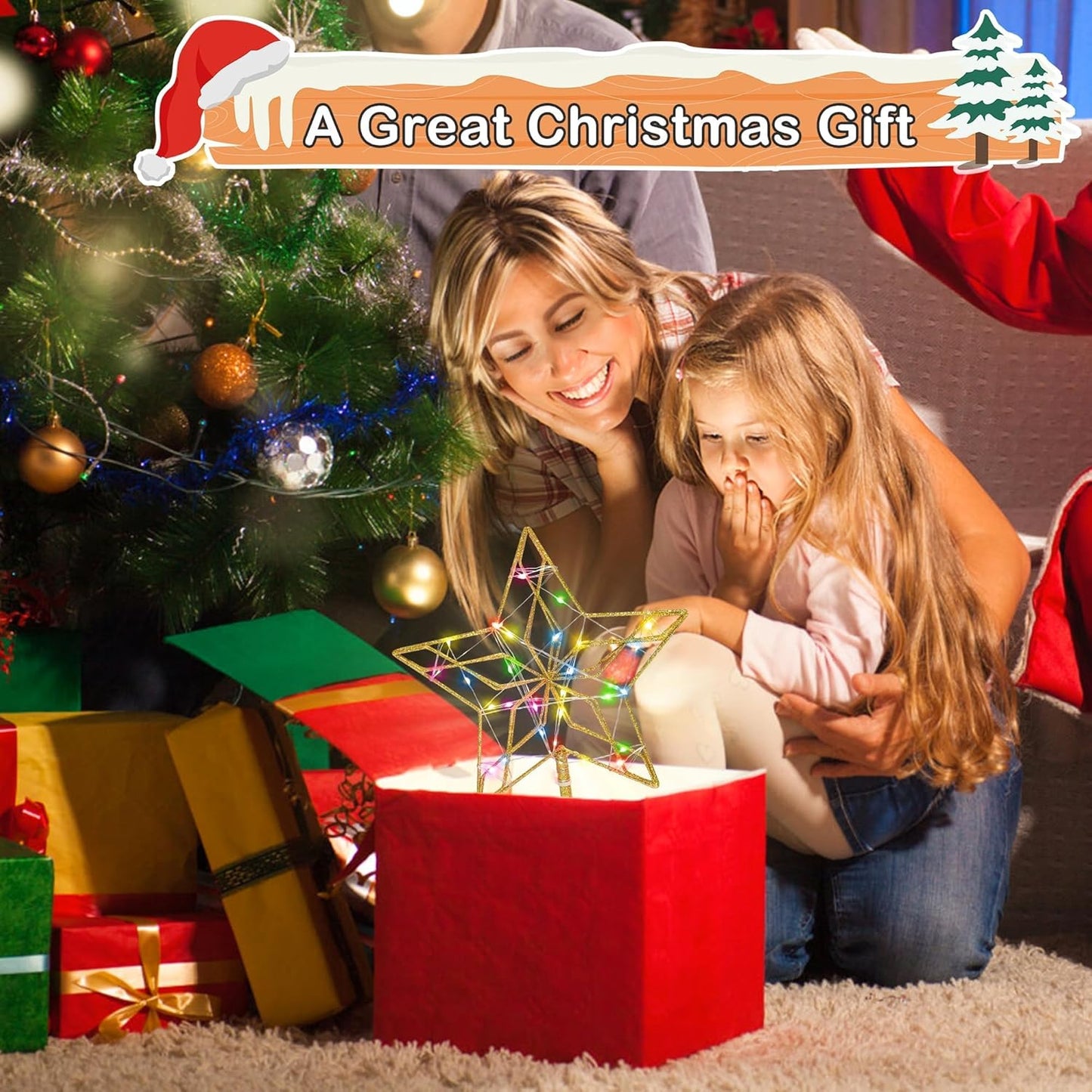 Christmas Tree Topper,50 LED Lighted Sparkling Star Tree Toppers Christmas Decorations,8 Lighting Modes Gold Star Xmas Decorations with Remote Control and Extra Battery Box,Glitter Christmas Ornament