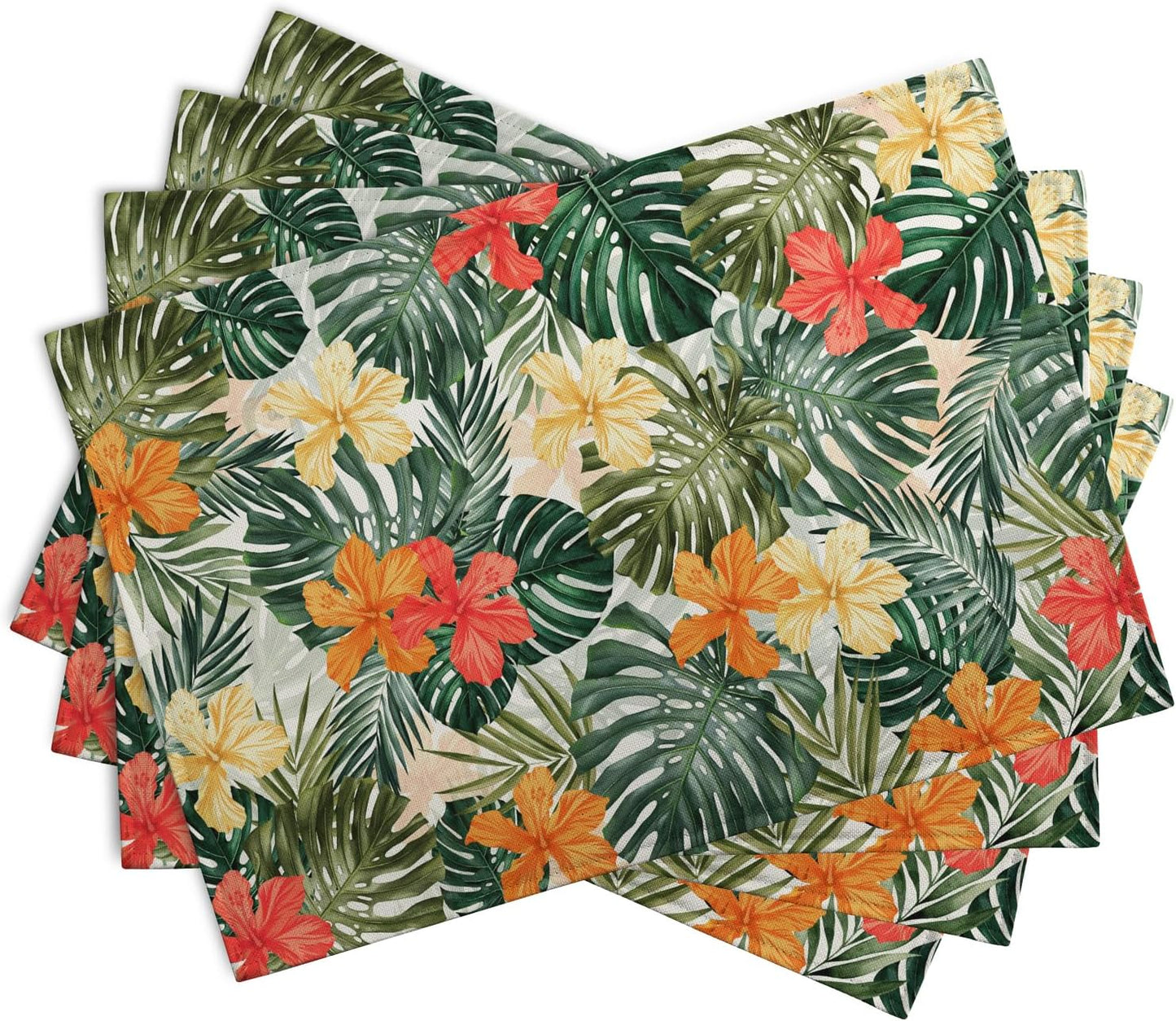Tropical Palm Leaves Table Mats Set of 4 Summer Watercolor Hibiscus Flower Leaf Placement Mats for Dining Table Washable Non-Slip Heat Resistant Linen Place Mat 12×18 Inch
