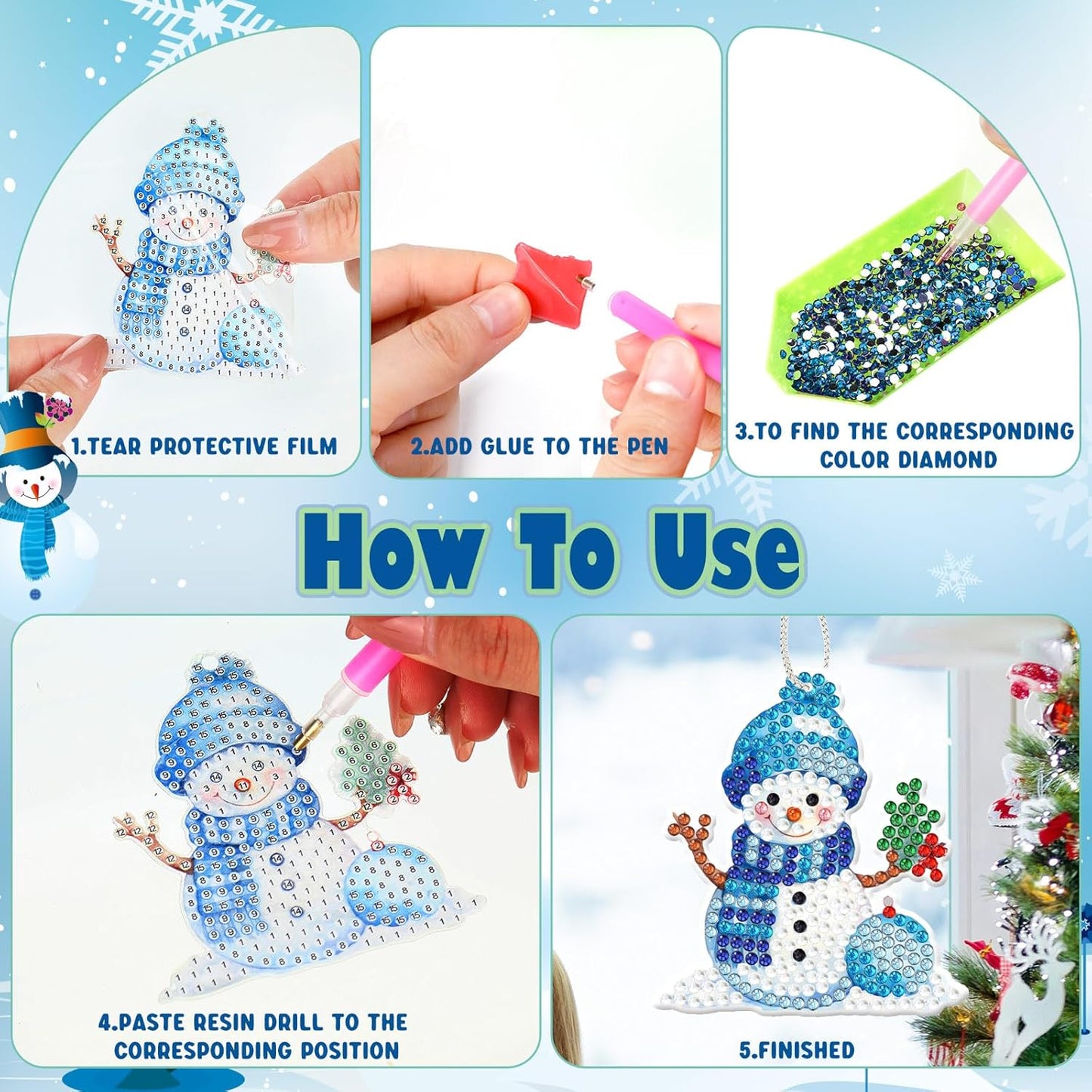 Skylety 20 Pcs Christmas Diamond Art Ornaments Kit Cute Snowman Diamond Painting Ornaments Tag DIY Xmas Rhinestone Art Keychain Crystal Handcraft Gift Wrap Tags with Rope Home Party Decor(Blue)