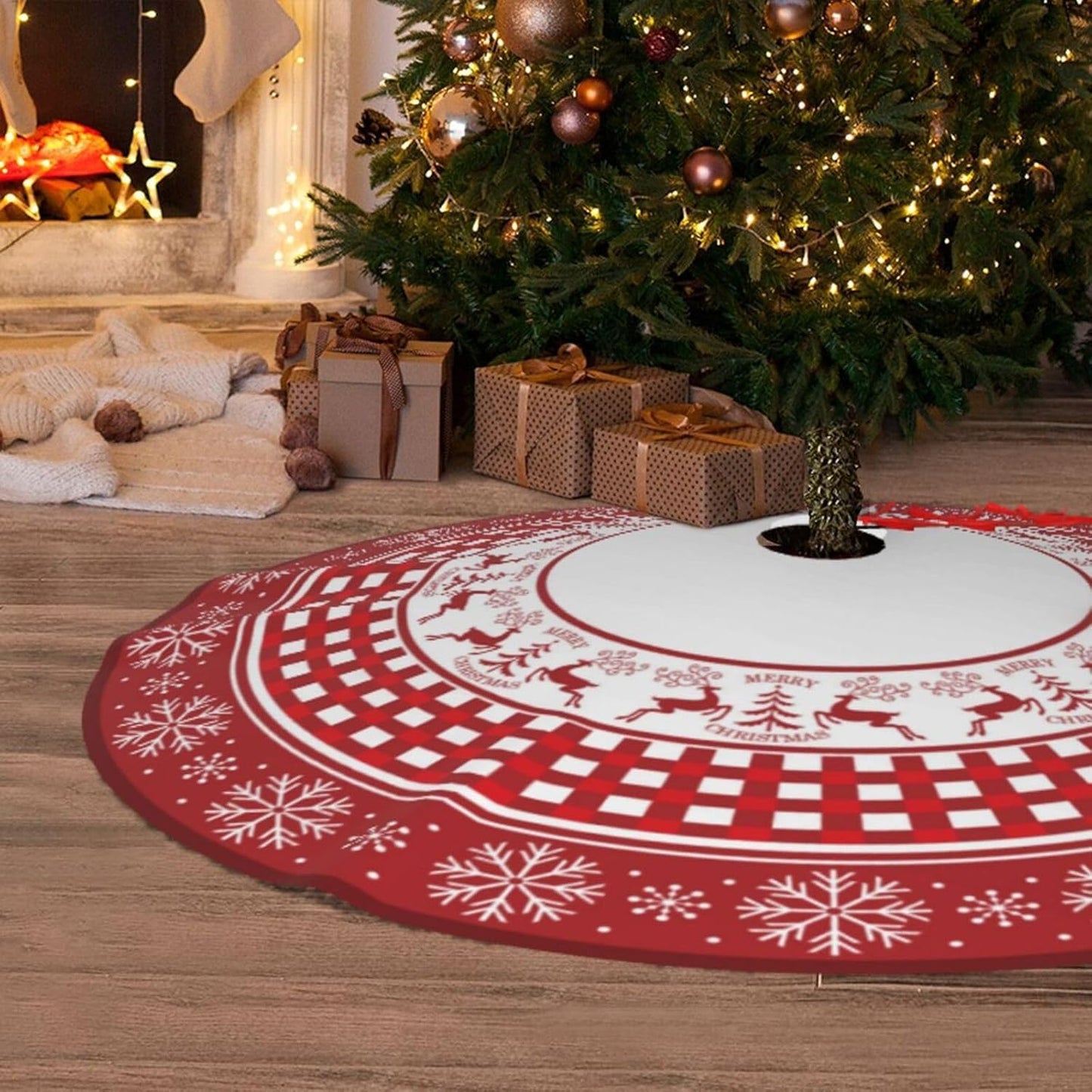 Christmas Tree Skirt, Red Tree Skirts 36 Inch with Snowflake Reindeer Rustic Farmhouse Xmas Tree Skirt Christmas Decorations for Holiday Party Decor Indoor Outdoor (red Snowflake Reindeer, 36 Inch)
