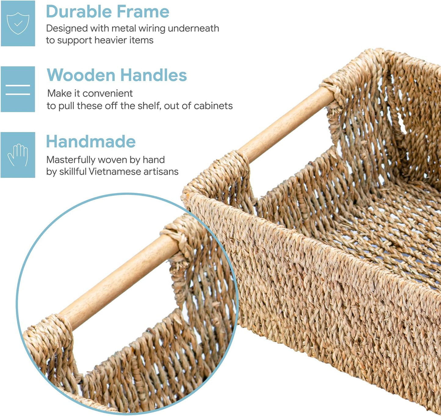 Natural Seagrass Storage Basket with Handle, Rectangular Woven Organizer Bin for Living Room or Shelf, Decorative Storage Basket, Medium Size 13.4 x 9.3 x 4.9 Inches
