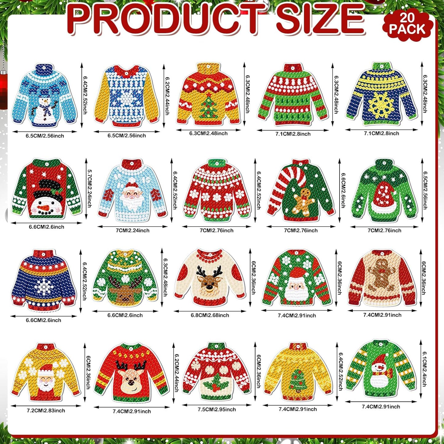 Tondiamo 20 Pcs Christmas Diamond Painting Keychain Kits 5D DIY Diamond Art Pendants Double Sided Hanging Key Chains for Christmas Party Decoration DIY(Sweater Style)