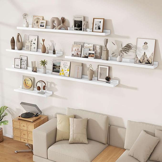 Floating Picture Ledge Shelves 55 Inch Solid Oak Wood Set of 2, Rustic Wall Storage Shelves with Lip, Kids Bookshelf, Photo & Picture Ledge Shelves for Bedroom, Living Room, Kitchen