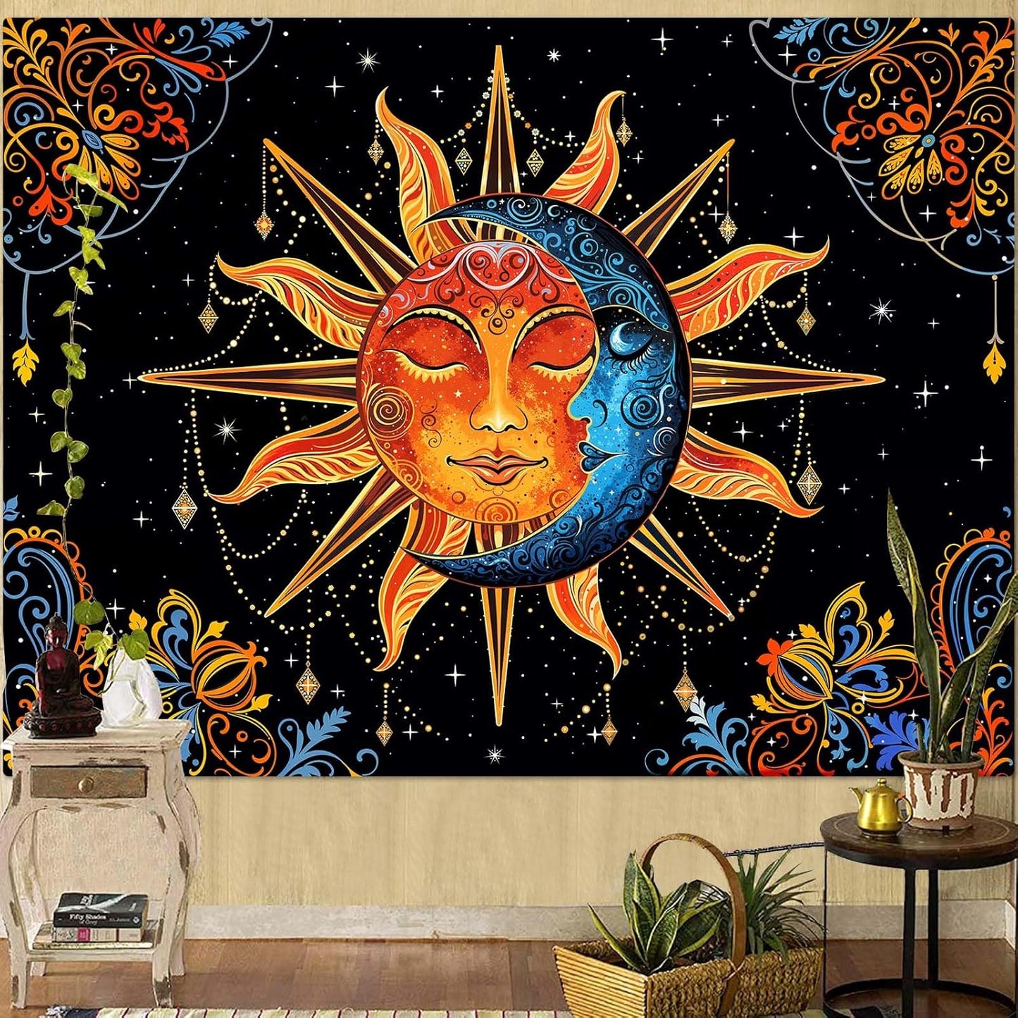 Lunerfex Sun and Moon Tapestry Mandala Wall Tapestry, Cute Tapestries for Bedroom Ceiling Tapestries Wall Hanging for Bedroom Living Room Decor Sun-1 44"x60"