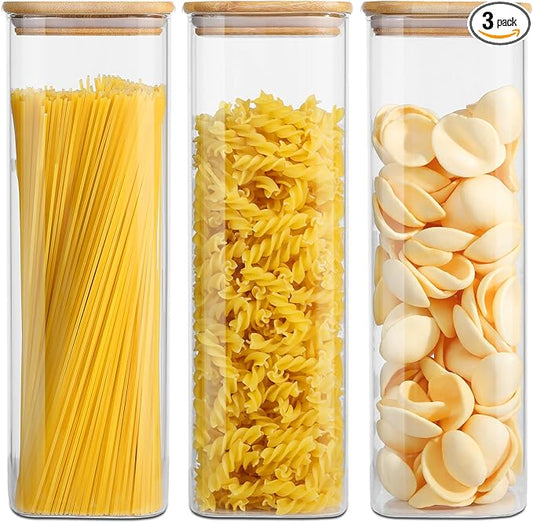 Glass Food Storage Jars with Lids(76oz)Square Set of 3 ,Glass Storage Containers Clear Glass Food Canister with Bamboo Lid Airtight For Serving Tea, Coffee Beans, Flour,Cookie, Cereal,Spice and More