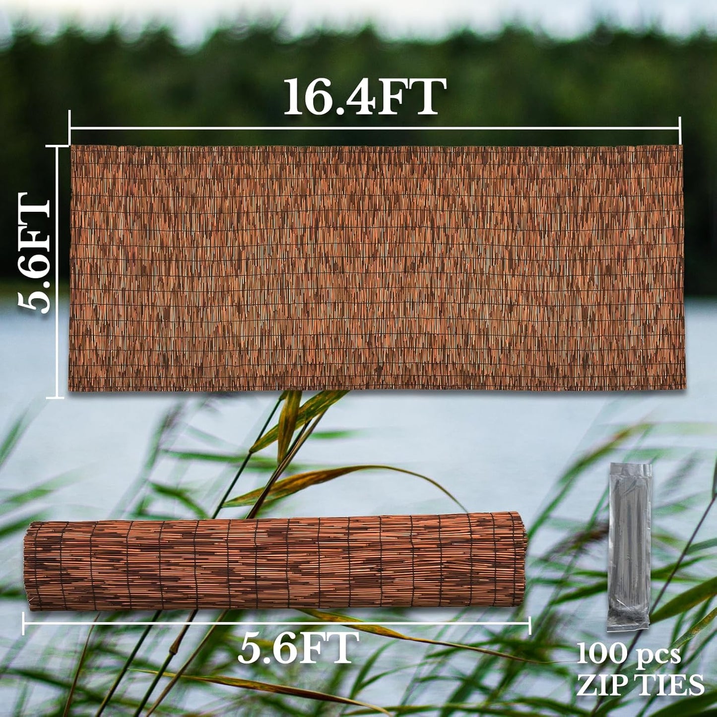 Brown 5.6FT X 16.4FT Reed Fencing Roll, Balcony Privacy Reed Shade Bamboo Fencing Garden Fence Border, Wind Block Sunshade Fence Screen for Outdoor Yard Patio Flower Bed Edge