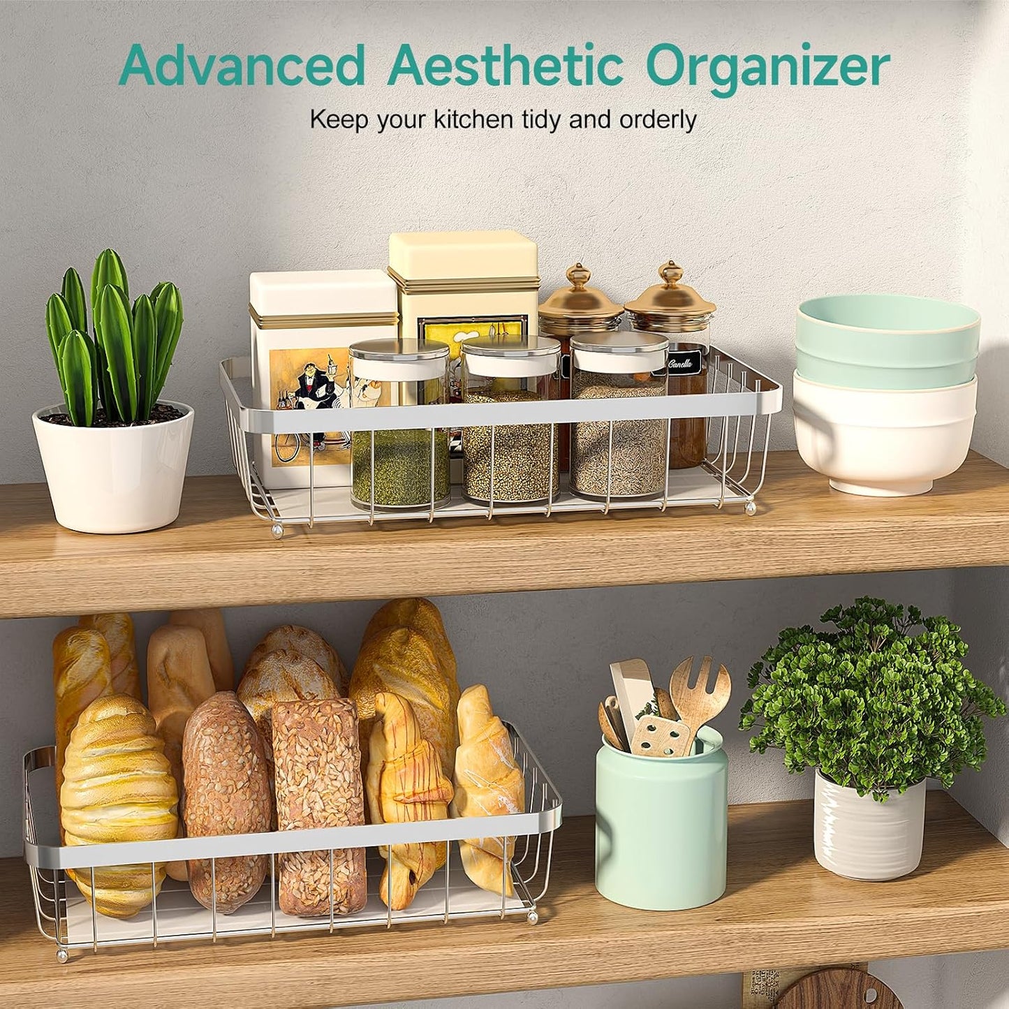 3 Tier Fruit Basket for Kitchen Counter with 2 Mobile Banana Hangers, 2025 Pro Detachable Metal Fruit Bowl with Wooden Handle, Fruit Holder for Bread Snack Veggies, Silvery