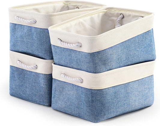TcaFmac Storage Basket for Organizing - Large 4 Pack Fabric Storage Bins Baskets for Shelves with Ropes, Foldable Storage Cubes for Closet Cloth Toy (White & Blue16x12x8 inch)