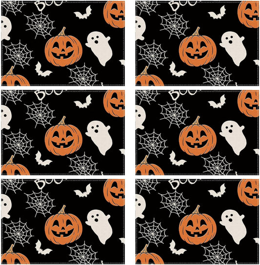 XCHI Boo Spooky Ghost Pumpkin Halloween Cloth Placemats Set of 6 Table Mats Table Decorations 12x18 Inch