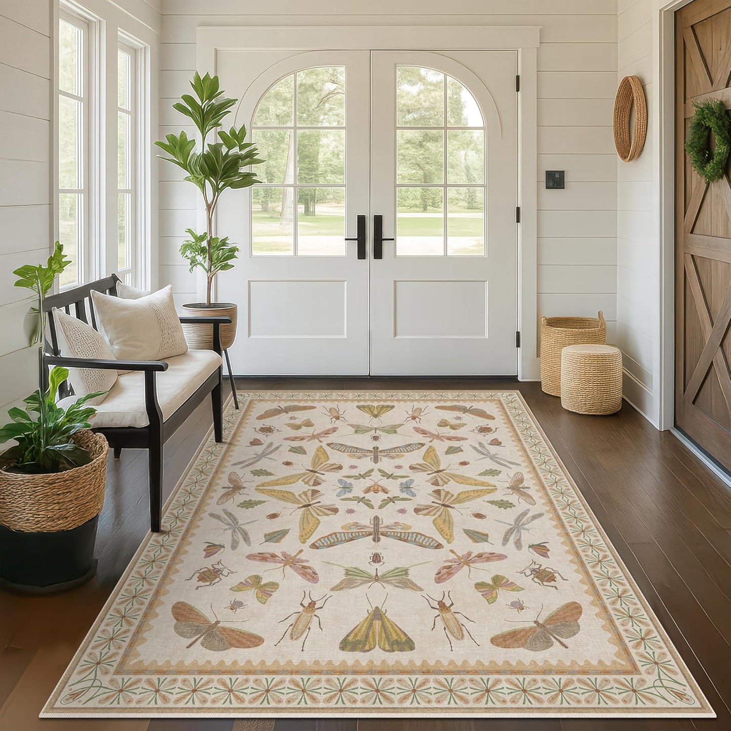 Beige and Yellow 5x7 Boho Rug for Living Room - Foyer Rugs for Entryway, Bedroom, Nursery Room, Insect Butterfly Bug Print, Washable Stain Resistant Home Décor