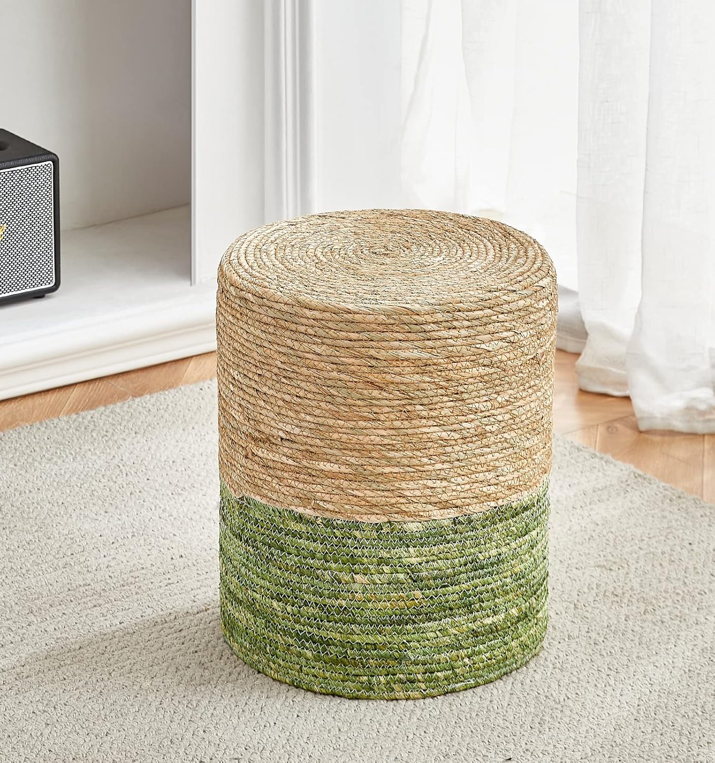 Cplxroc Ottoman Poof Natural Seagrass Poufs Hand Weave Round Footstool Pouffe Accent Chair Sitting Braided Footrest W/Jute Cover Boho Decor for Living Room, Bedroom