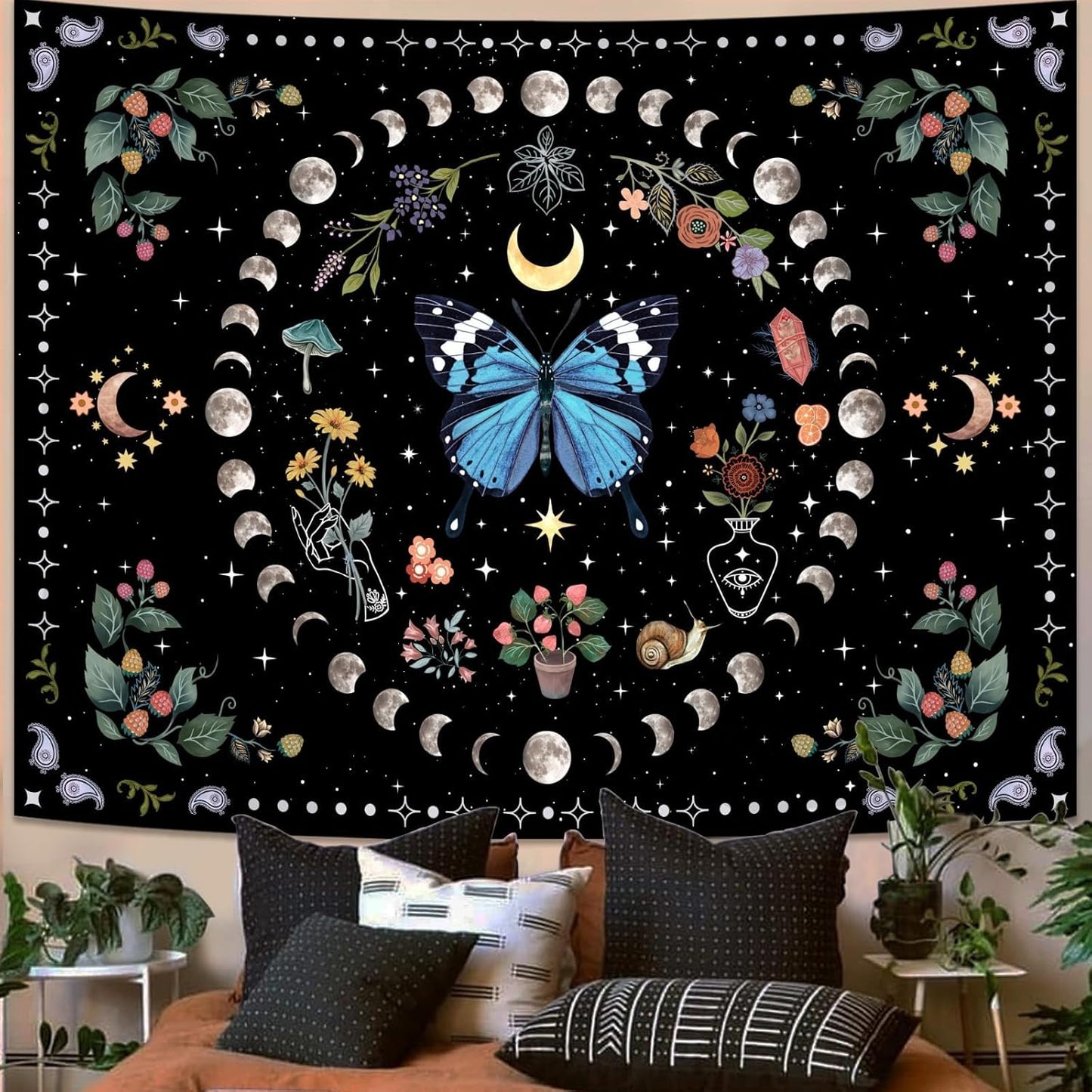 Aipon Blue Butterfly Moon Flower Boho Floral Tapestry for Bedroom & Living Room (60.00'' 80.00'', Blue)