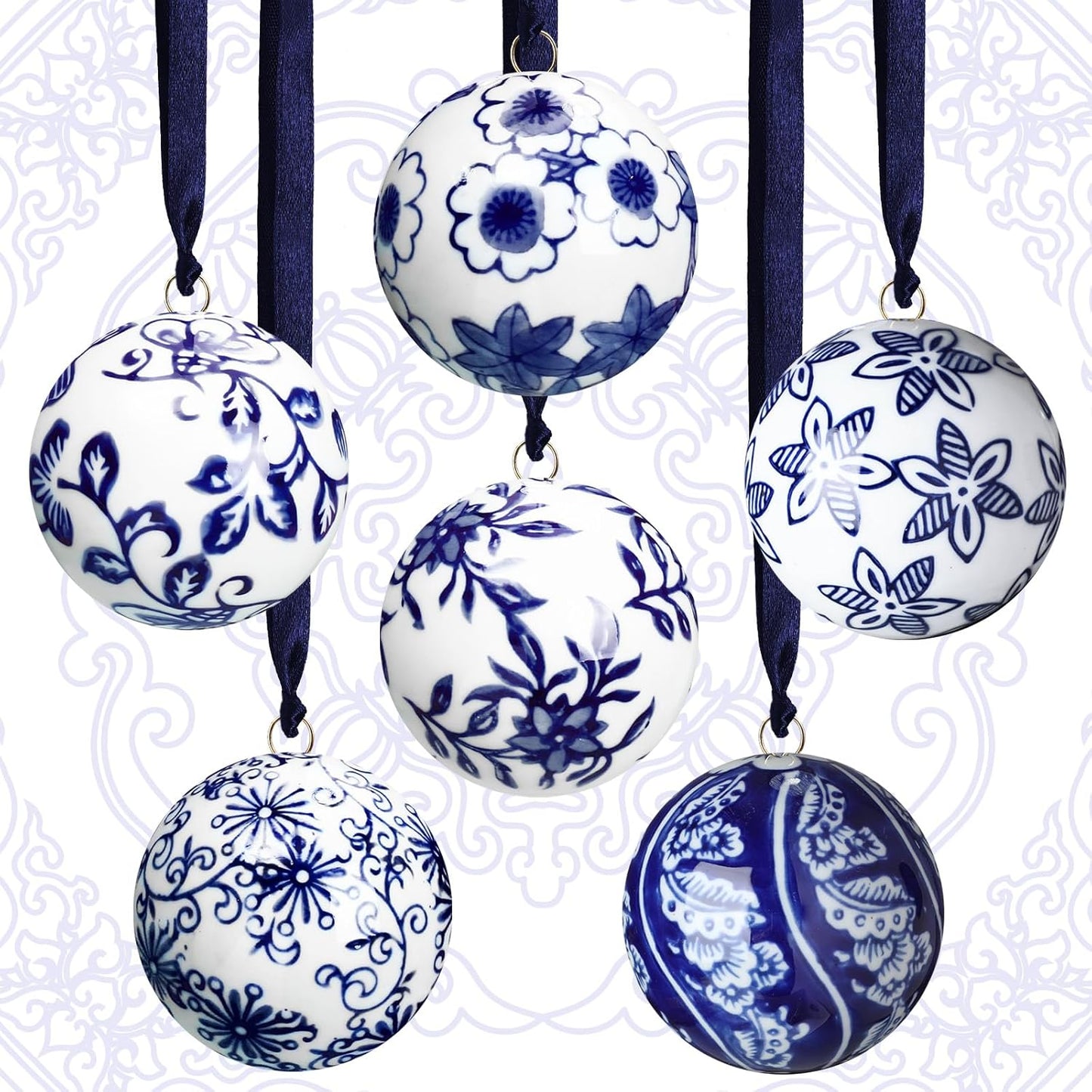 Cindeer 6 Pcs Blue and White Christmas Porcelain Balls 2.4 Inch Porcelain Chinoiserie Ornament Bulk Christmas Ceramic Hanging Decorative for Tree Home Xmas Party (Stylish Style)
