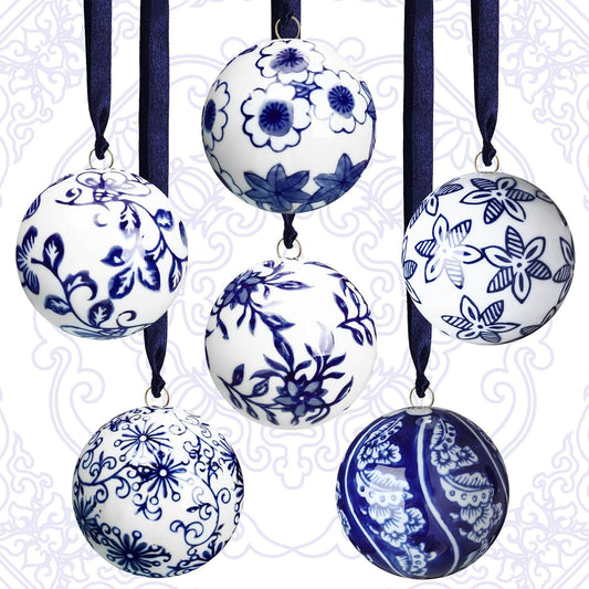 Cindeer 6 Pcs Blue and White Christmas Porcelain Balls 2.4 Inch Porcelain Chinoiserie Ornament Bulk Christmas Ceramic Hanging Decorative for Tree Home Xmas Party (Stylish Style)