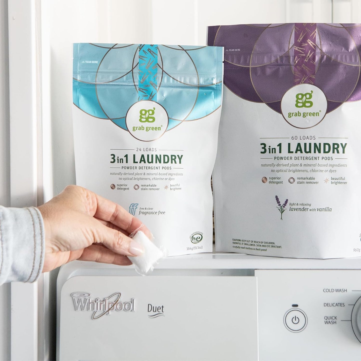 Grab Green 3-in-1 Laundry Detergent Pods, 24 Count, Fragrance Free, Plant and Mineral Based, Superior Cleaning Power, Stain Remover, Brightens Clothes