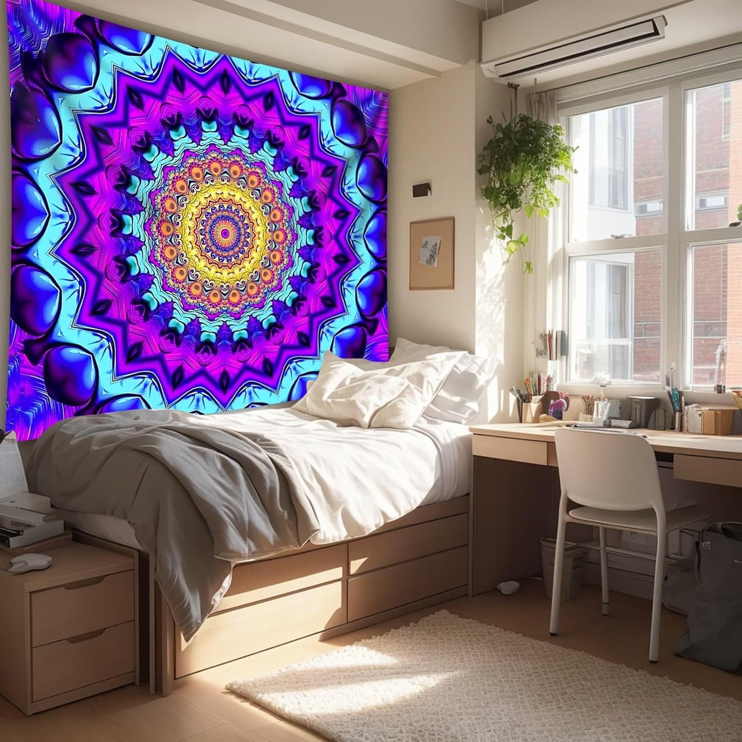 Blacklight Mandala Tapestry for Bedroom, Black Light Posters for Adults and Teens, Colorful UV Reactive Aesthetic Bohemian Wall Art Decor (40 x 30 Inches)