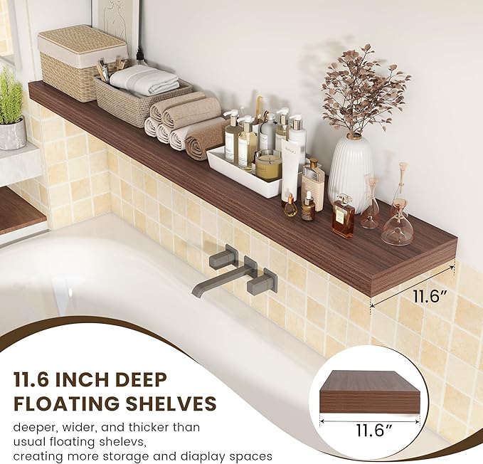 12 Inch Deep Floating Shelves for Wall | 72W x 12D Floating Shelves Set of 1 | Rustic Walnut Long Floating Shelves for Living Room Bathroom Laundry Room Bedroom Kitchen Home Office