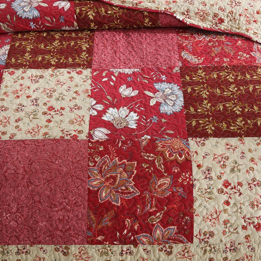 Cotton Bedspread Quilt Bedding Sets 3 Pieces Reversible Coverlet Sets Comforters Vintage Floral Patchwork Purple Red Bedspread, King Size