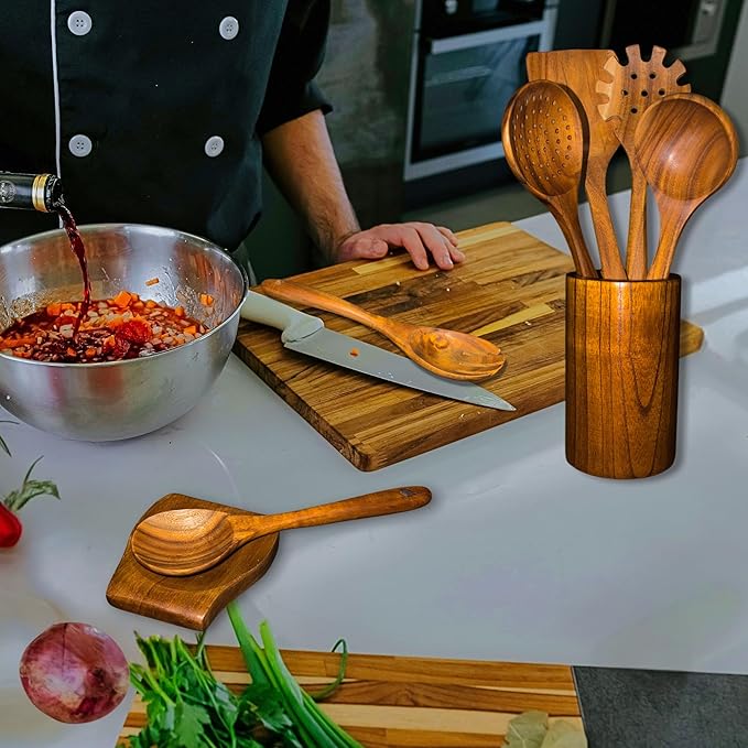 Wooden Spoons for Cooking - 8 Piece Natural Teak Kitchen Utensil Set Non Toxic - Teak Wooden Utensils with Spoon Rest and Holder