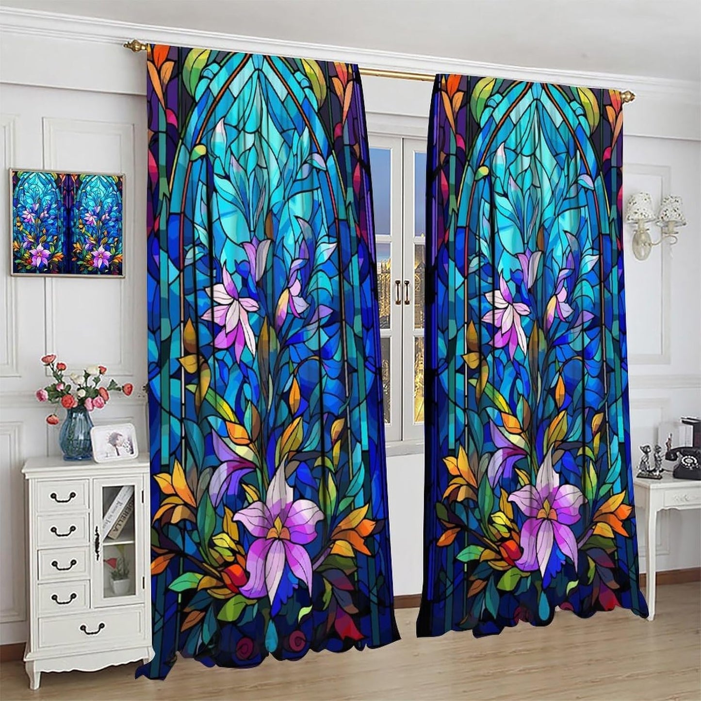 Stained Glass Curtains,Abstract Colorful Floral Geometric Art Home Decor Drapes for Bedroom Living Room Kitchen Window Treatment 2 Panels Set Total Size 72" W X 63" L Inch
