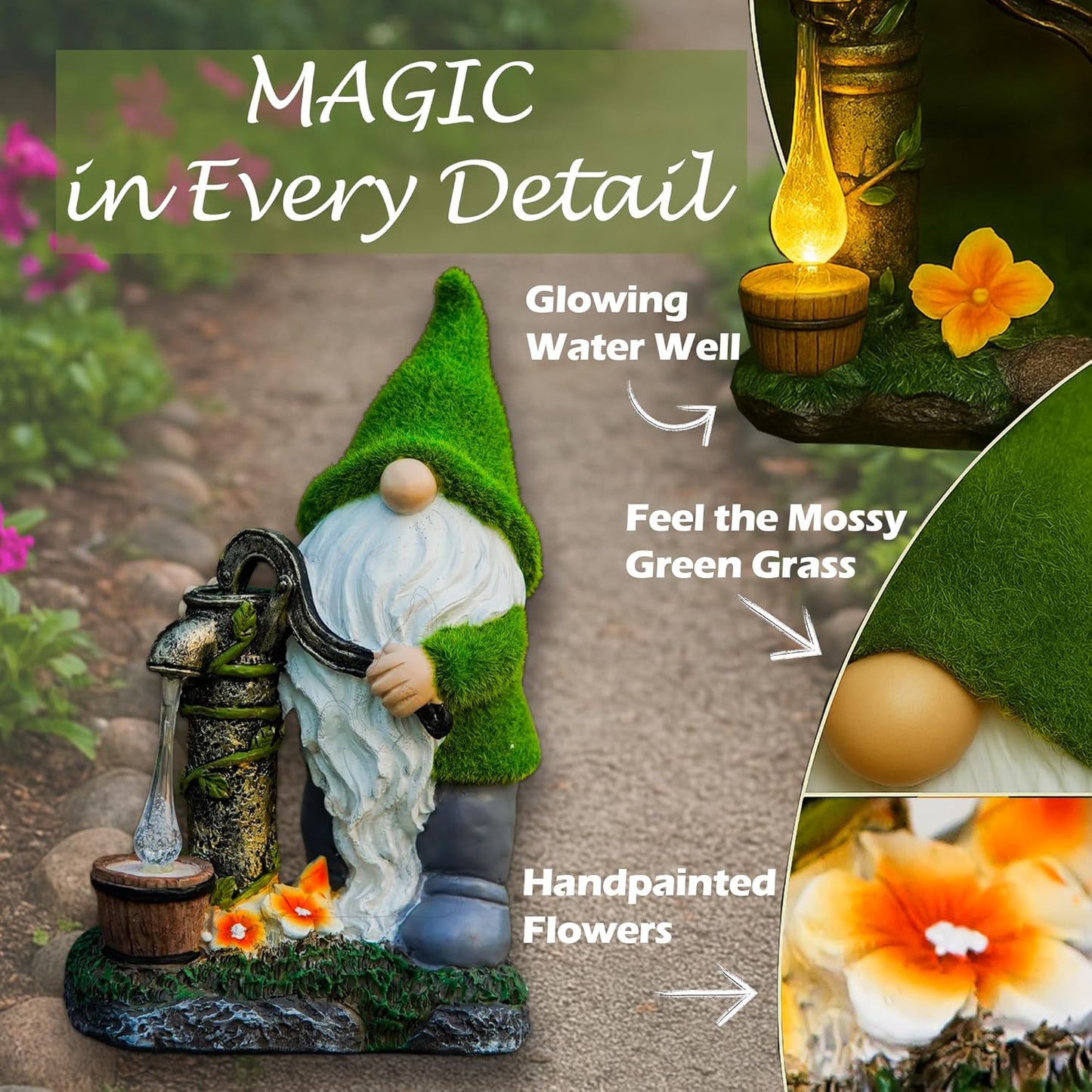 Water Pump Gnome Decorations for Yard/Lawn Outdoors Decor – Weatherproof Garden Statue – Fun Spring Summer Charming Gnomes Gifts for Women (Forest Green) and Home.