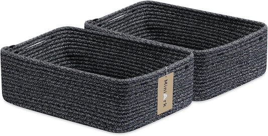Large Shallow Organizing Baskets 15x11x5.1 Inches - Rope Woven Storage Bins for Bathroom, Shelves, Cube Closet, Mixed Black 2 Packs