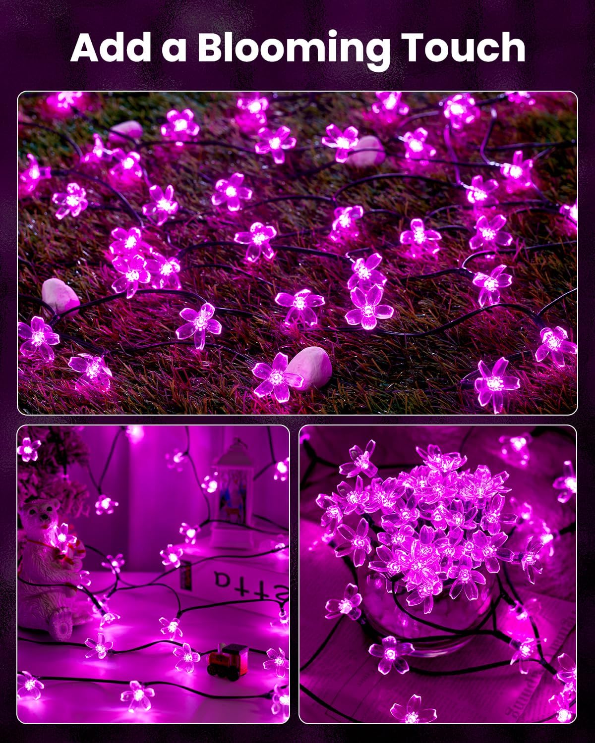 Brightown 60 LED Solar String Lights Flower Outdoor Waterproof Fairy Lights for Garden Yard Fence Patio Christmas Tree Wedding Party Decor, Pink