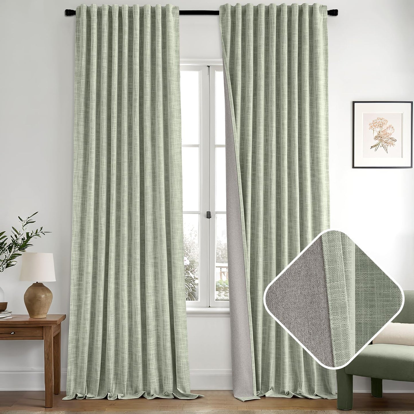 MIULEE Sage Green 100% Blackout Linen Curtains 102 Inch 2 Panels Set Double Sided No Coating Pinch Pleated Back Tab Floor to Ceiling Black Out Thermal Insulated Bedroom Living Room Darkening Drapes