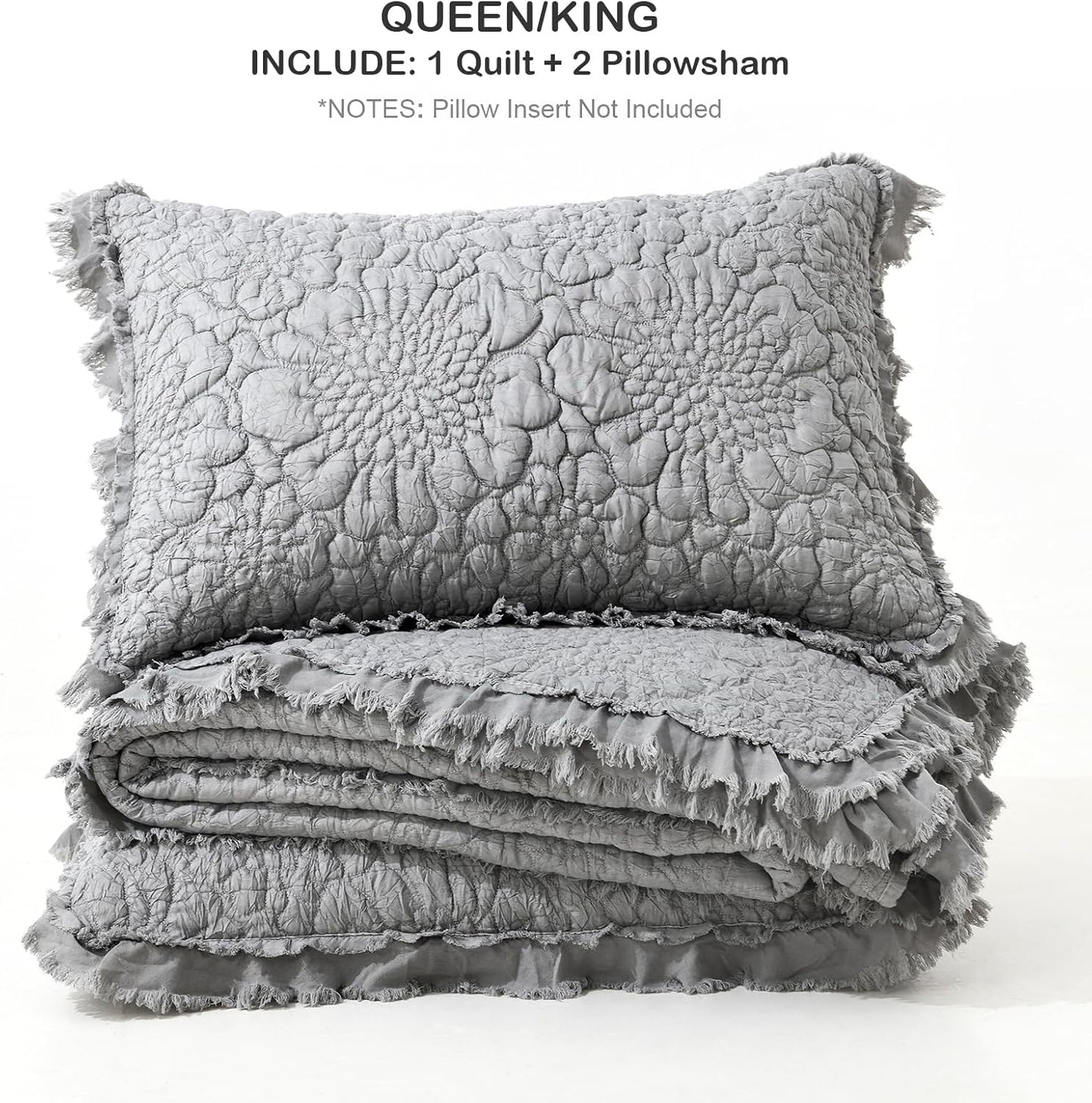 HORIMOTE HOME Dark Grey Ruffled Quilt Queen Size, Stone-Washed Microfiber Lightweight Crinkled Farmhouse Rustic Shabby Chic Bedding Set, 3 Pieces Reversible Bedspread with Pillow Shams for All Season