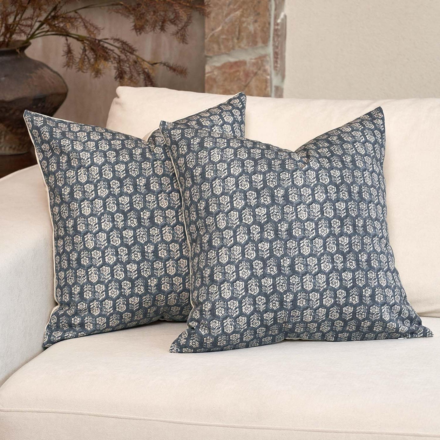 DOMVITUS Floral Pillow Covers Set of 2, Throw Pillow Covers 20x20, Floral Print Neutral Accent Decorative Pillow Covers for Living Room, Bed, Dusty Blue