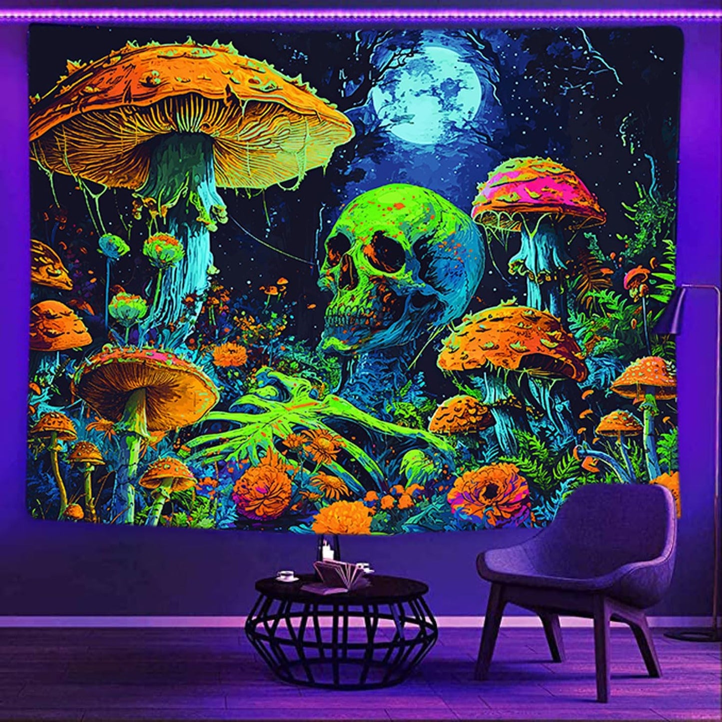 Xiaoput Blacklight Skull, Black Light Skeleton, UV Reactive Neon Gothic Tapestry for Bedroom, Glow in Dark Trippy Forest Wall Hanging, 40X30IN