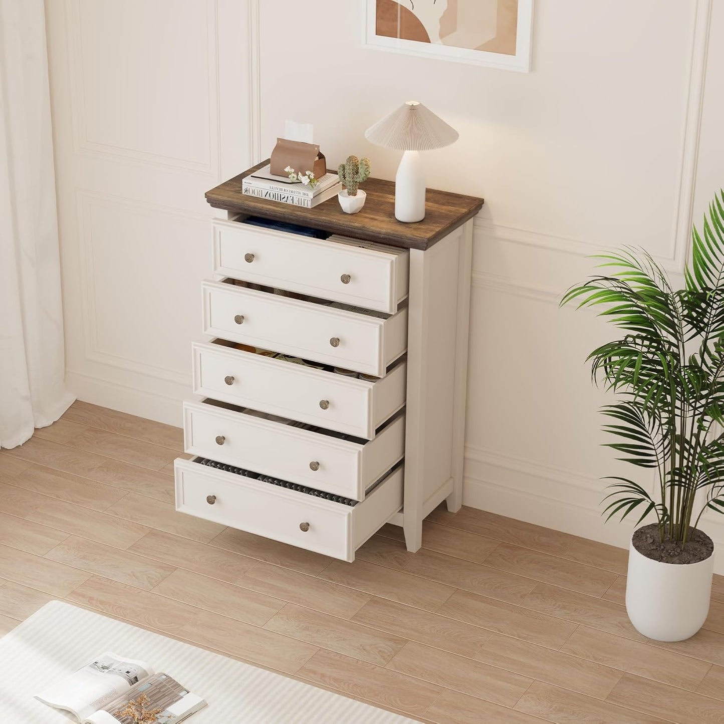 BLANKSPACE Dresser for Bedroom, 5 Drawer Dresser, Modern 5 Chest of Drawers, Farmhouse Storage Cabinet with 5 Drawers for Home Office, Dining Room, Antique White